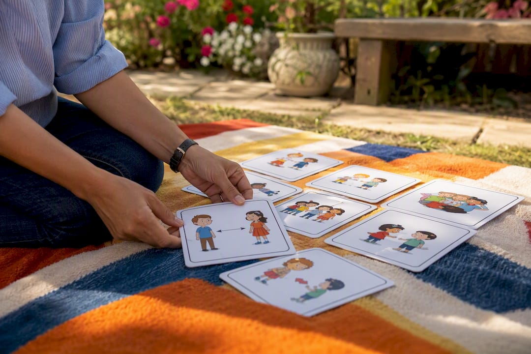 Manos colocando tarjetas con normas sociales representadas visualmente