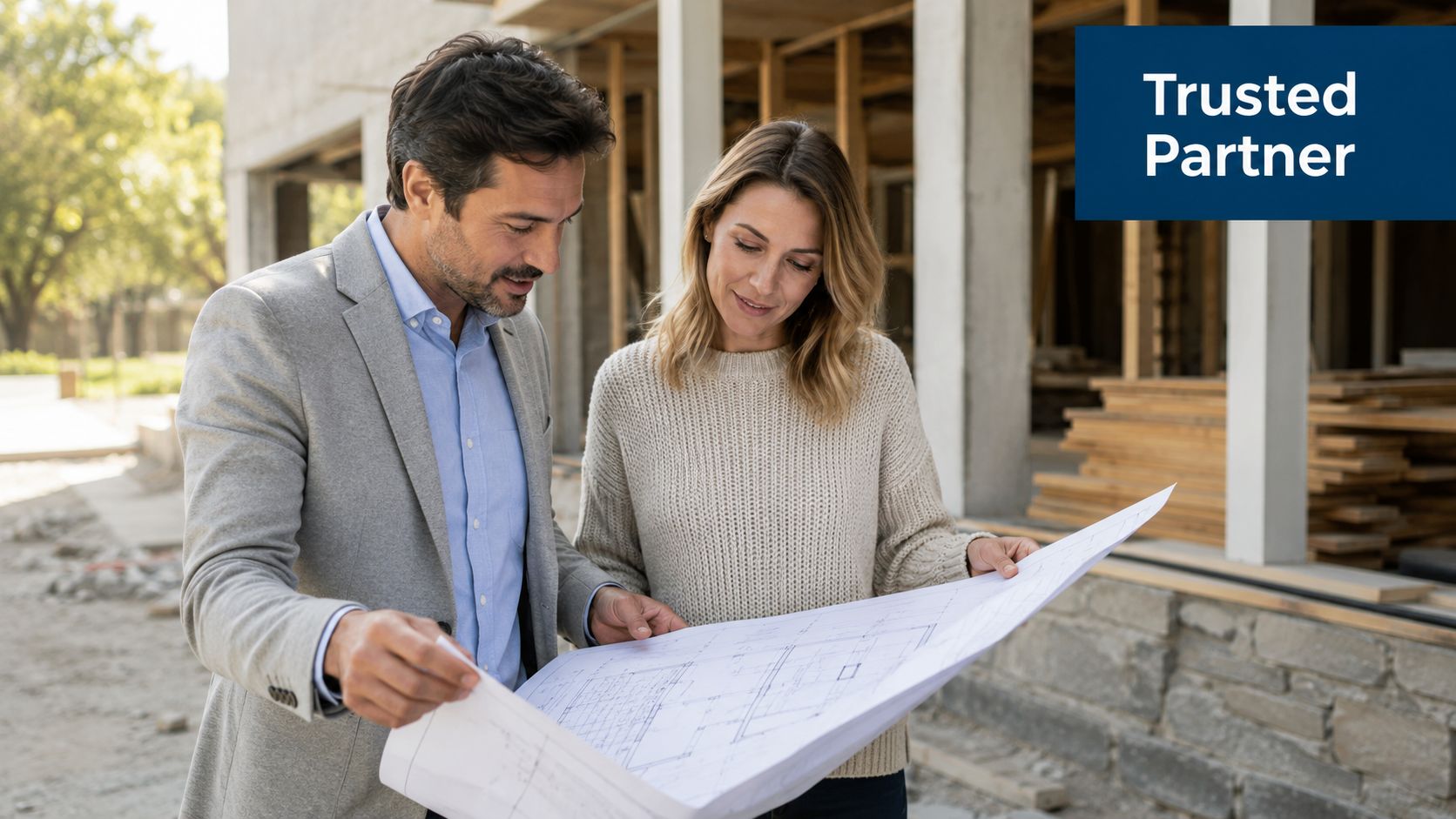 A professional man and woman review building blueprints together at a luxury construction project site.