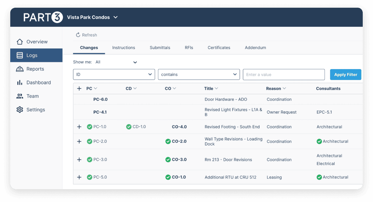 Centralized dashboard displaying all change orders, proposals, and directives in a unified view