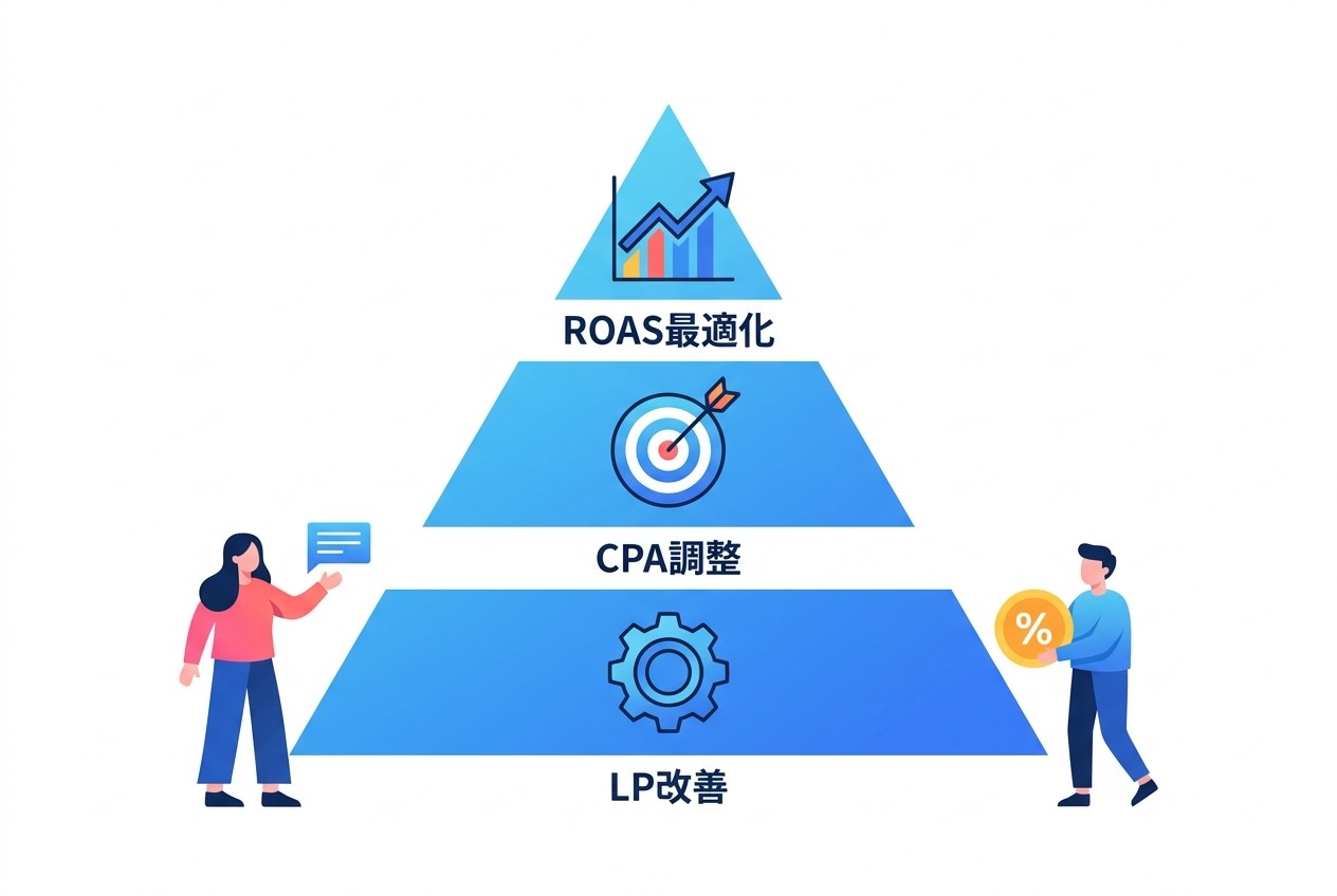 CVR改善の優先順位は「LP改善 → CPA調整 → ROAS最適化」の順。CVRが0.5%以下の場合は、まずランディングページの根本改善から着手する。