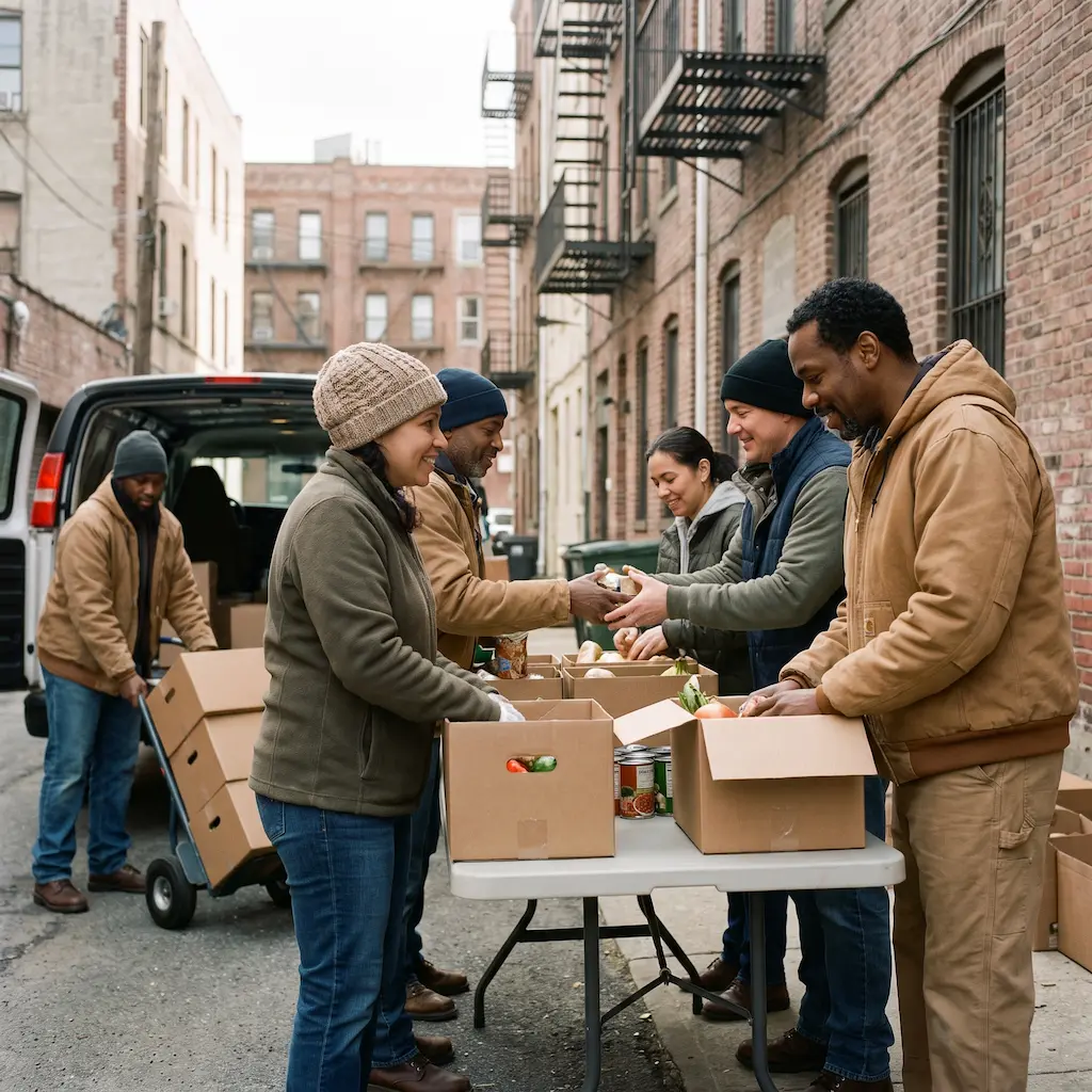 Volunteers organizing food and supplies for community outreach