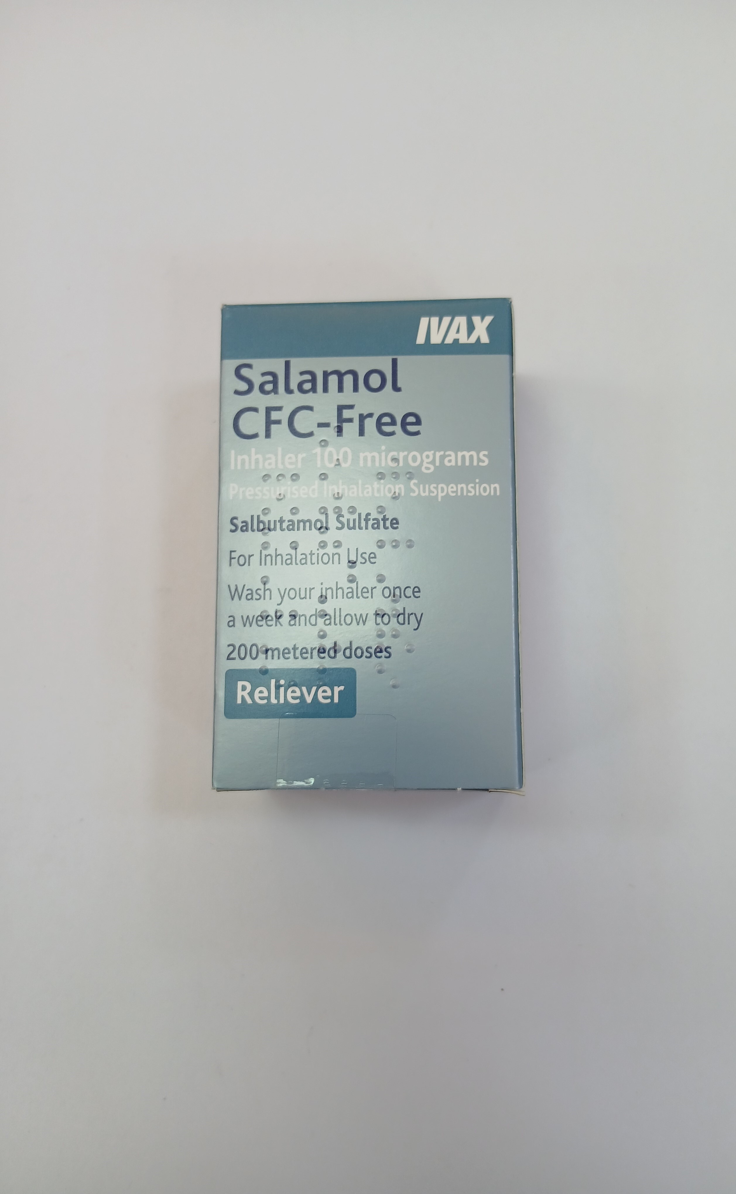 Salamol CFC-Free Inhalation Aerosol by IVAX, 200 metered doses reliever spray in white cardboard box.