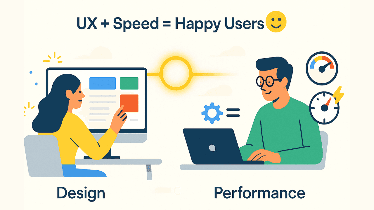 Designer and frontend developer collaborating with UX screens and performance gauges showing that smooth UX requires fast UI.