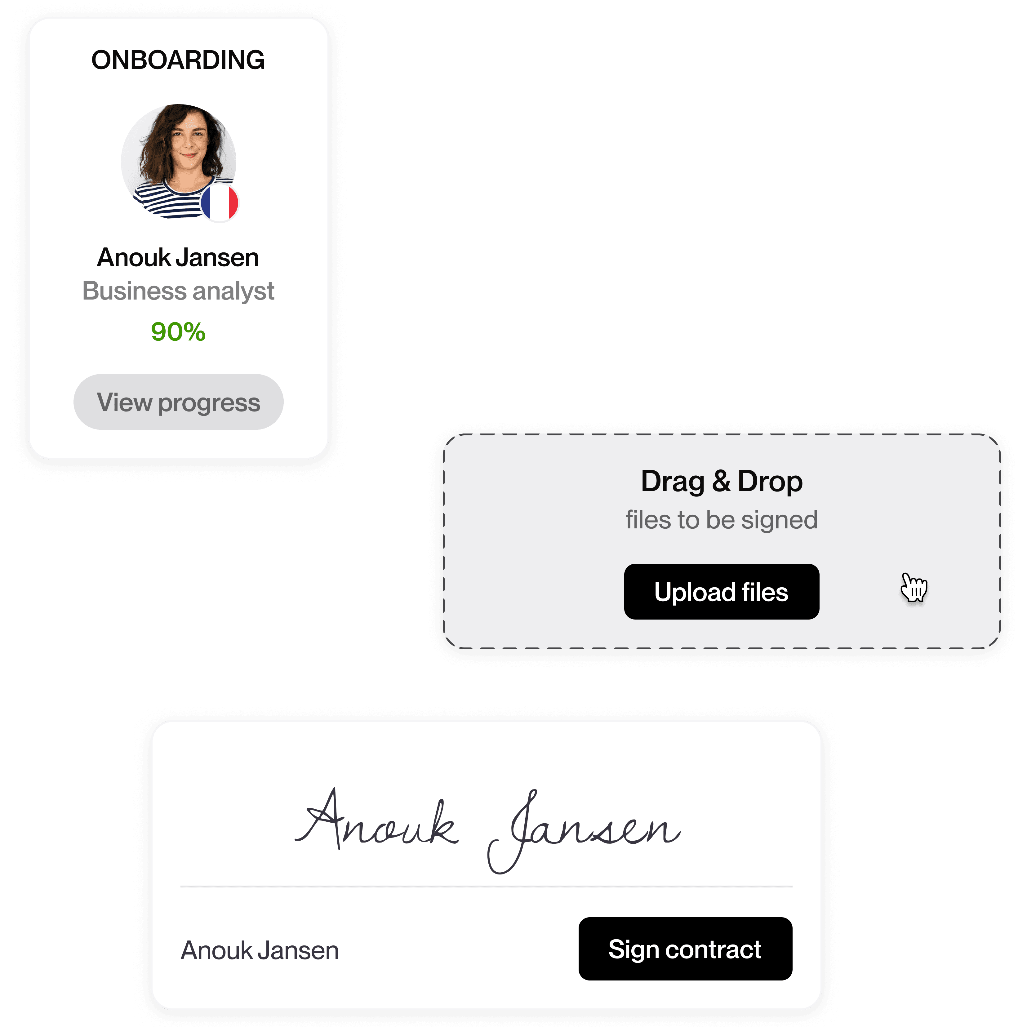 Onboarding talent card with a headshot, a French flag, a business analyst, and a button to view the progress. Besides, an upload files section and a signature section.