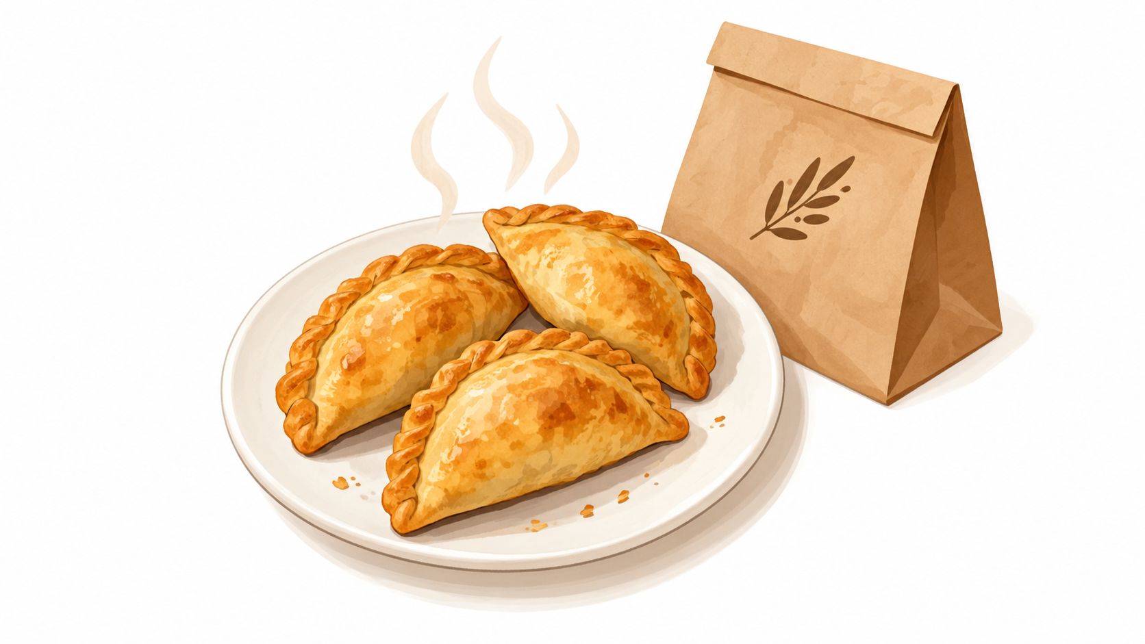 Tres empanadas doradas y calientes servidas en un plato blanco junto a una bolsa de papel artesanal.