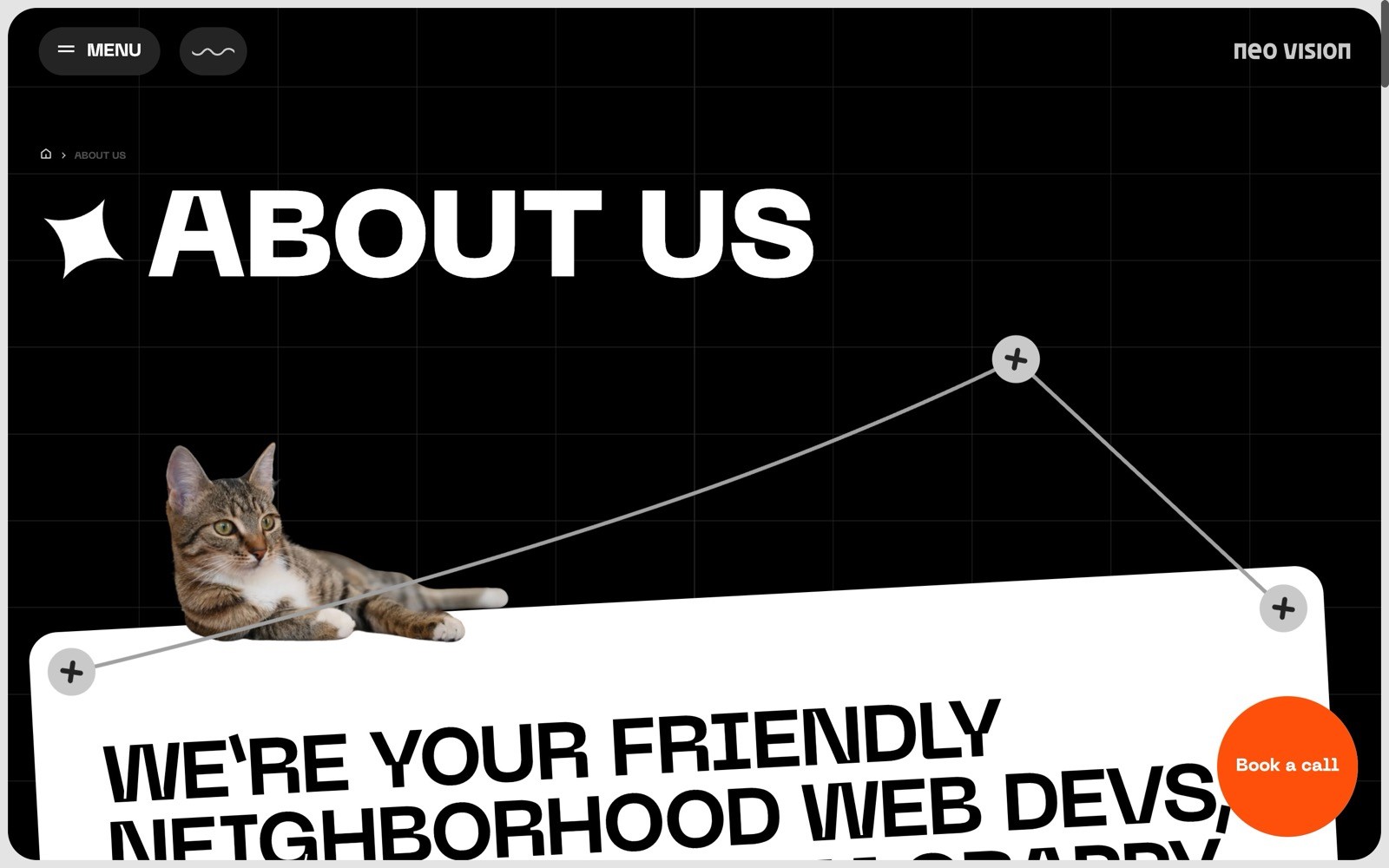 ABOUT US" text with a cat lying on a white block. Text below: "WE'RE YOUR FRIENDLY NEIGHBORHOOD WEB DEVS." Orange "Book a call" button.