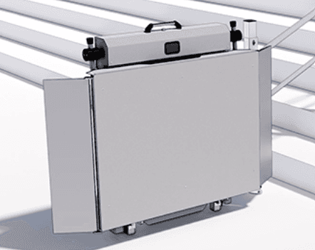Elevate Glide incline platform lift folded flat against the staircase rail in storage position, showing compact profile when not in use
