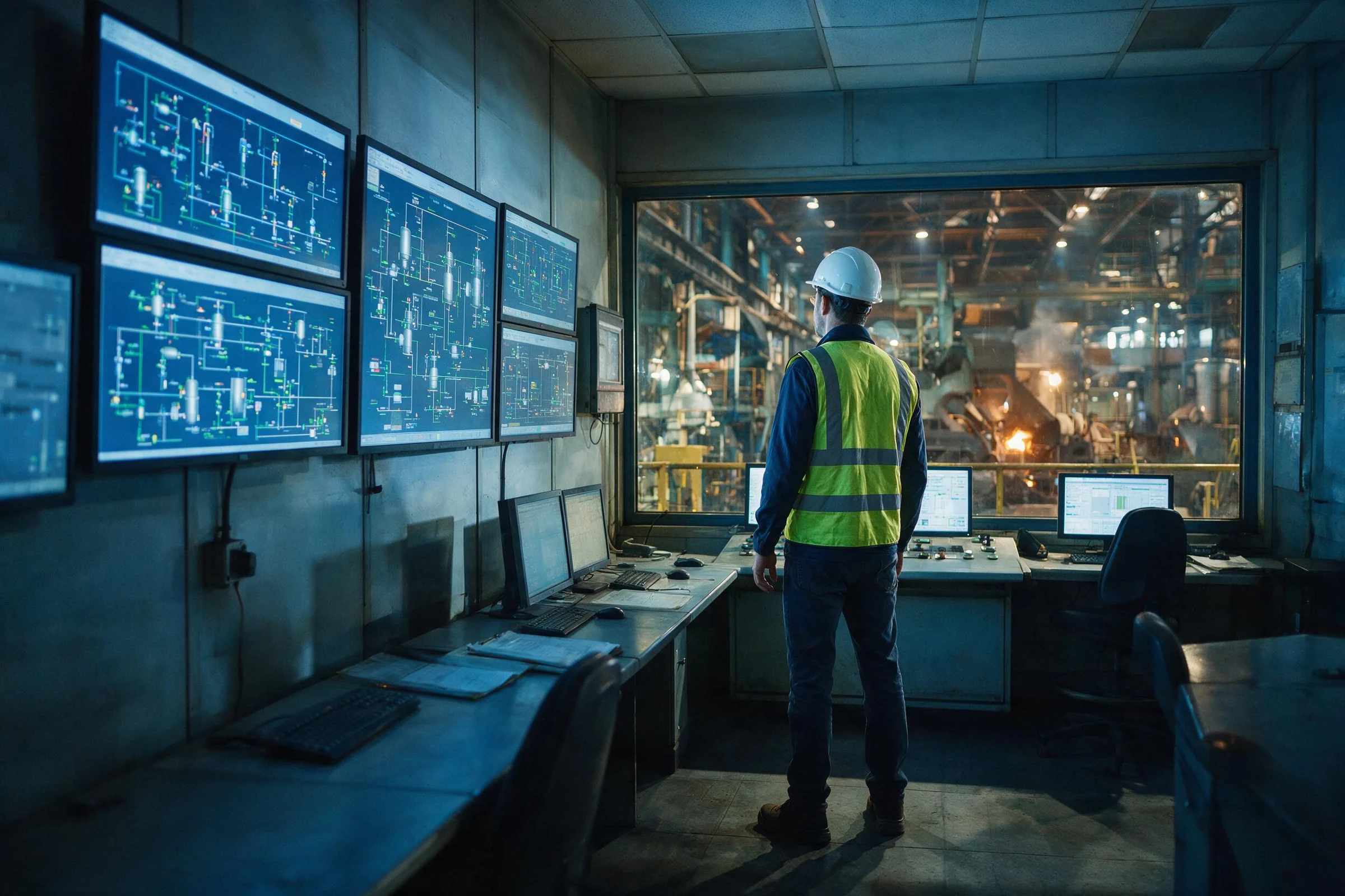 Plant operator in a hard hat and hi-vis vest at a SCADA control desk overlooking a working production floor