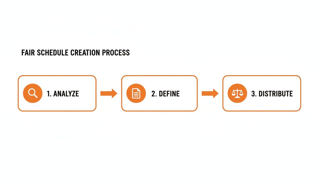 Fair schedule creation process infographic with three steps: Analyze, Define, and Distribute, connected by arrows.