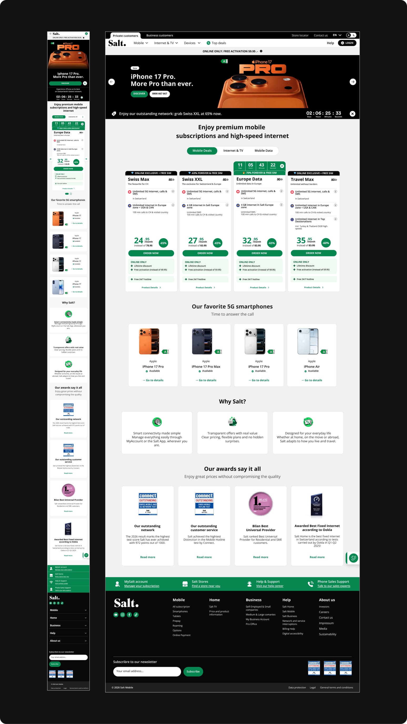 Responsive Salt Mobile homepage showcasing mobile and desktop layouts with subscription offers, product cards, and modular content sections.