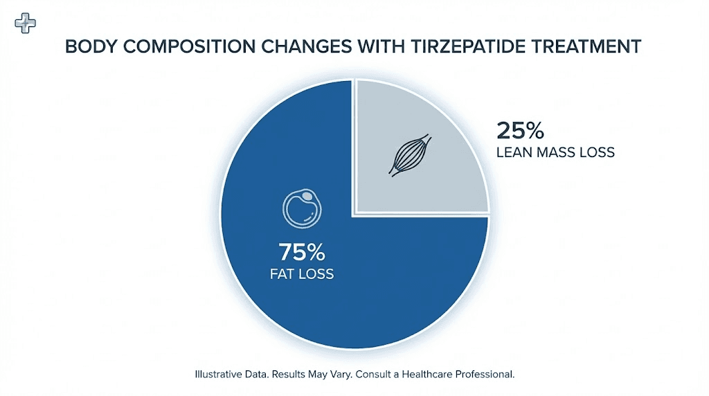 Tirzepatide body composition changes showing fat loss versus lean mass loss ratio