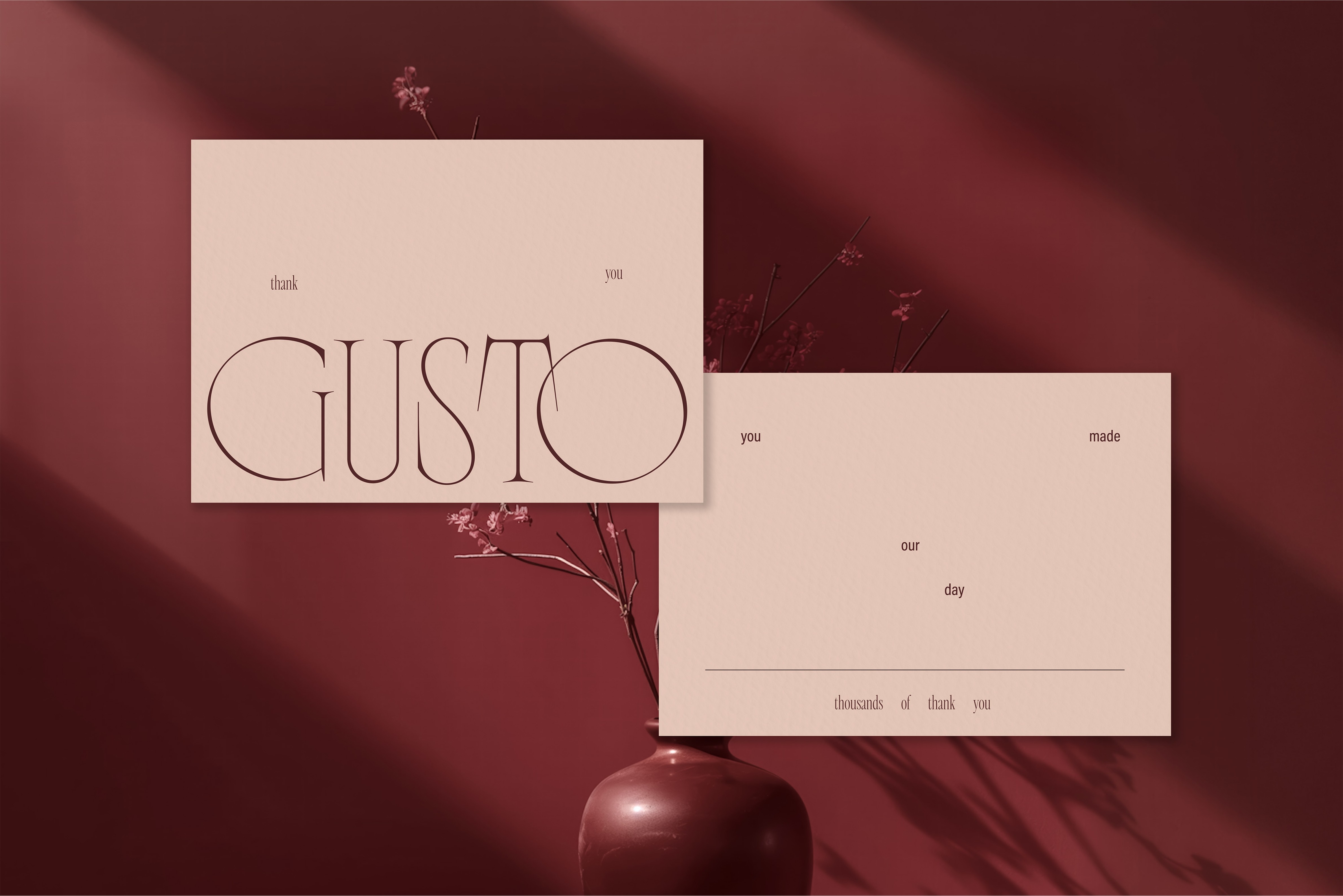 Refined thank you cards for Gusto, using delicate typography and warm earthy tones to enhance the customer experience.