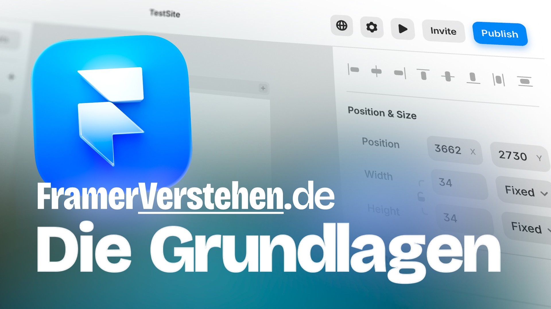 Ein Video-Vorschaubild mit der Überschrift "Framer Verstehen - Die Grundlagen". Im Hintergrund ist ein eingefärbter und unscharfer Screenshot der Framer-Arbeitsfläche zu sehen, daneben das Framer-Logo.