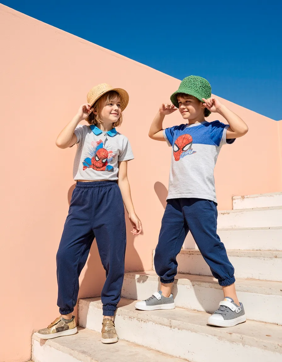 Two children in summer hats and superhero t-shirts pose on peach-colored steps against a bright blue sky, showcasing playful street style