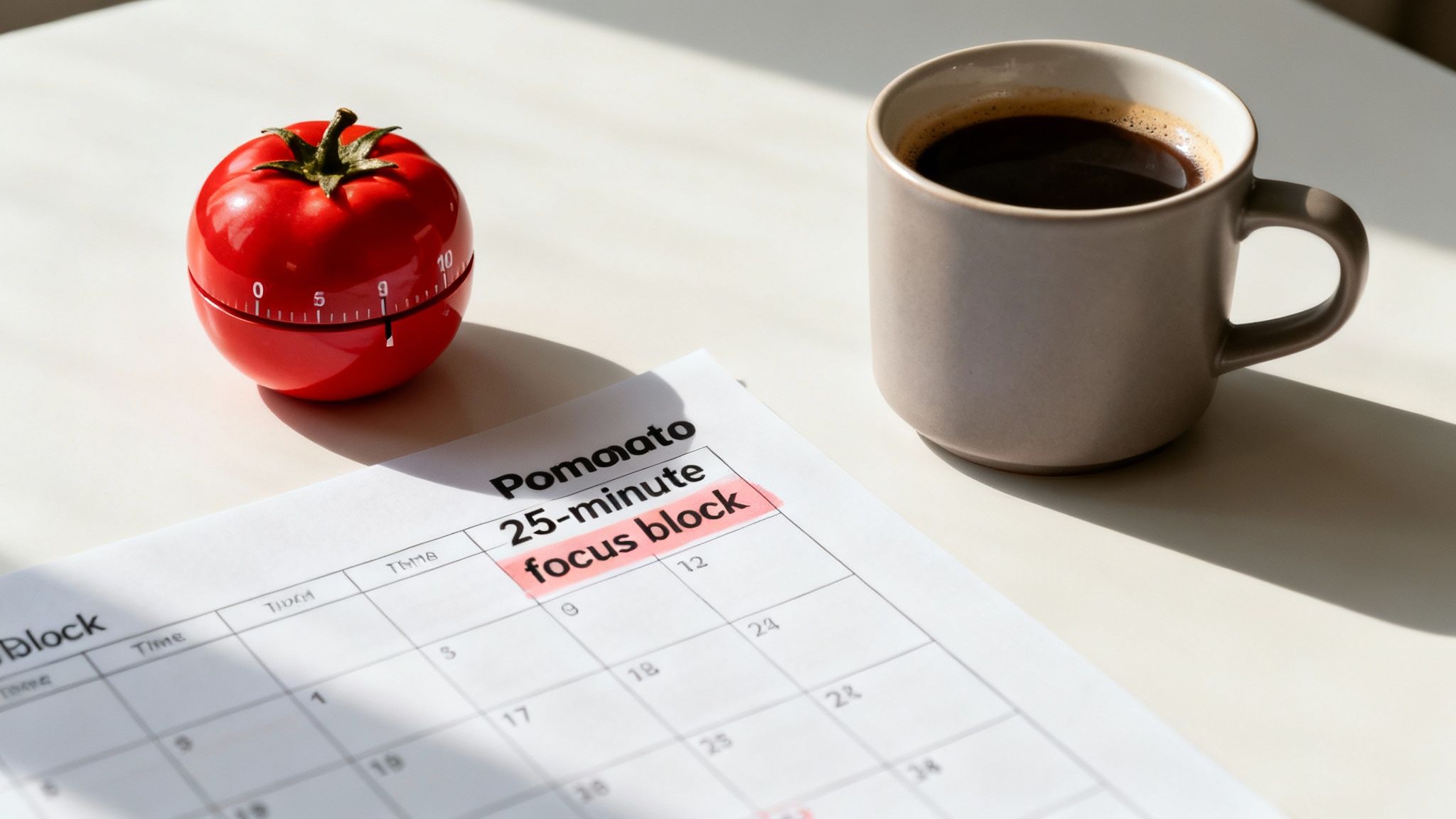 A focused person using a timer on their desk with a time-blocked calendar in the background