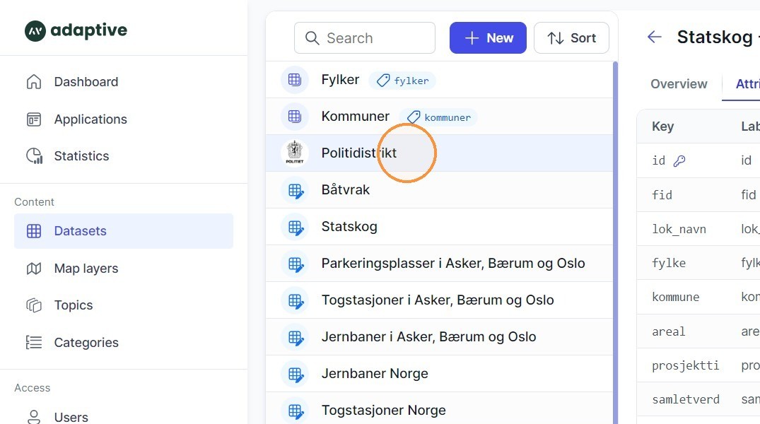 Steg 1: Gå til "Datasets" og klikk datasettet du vil lage et kartlag for.