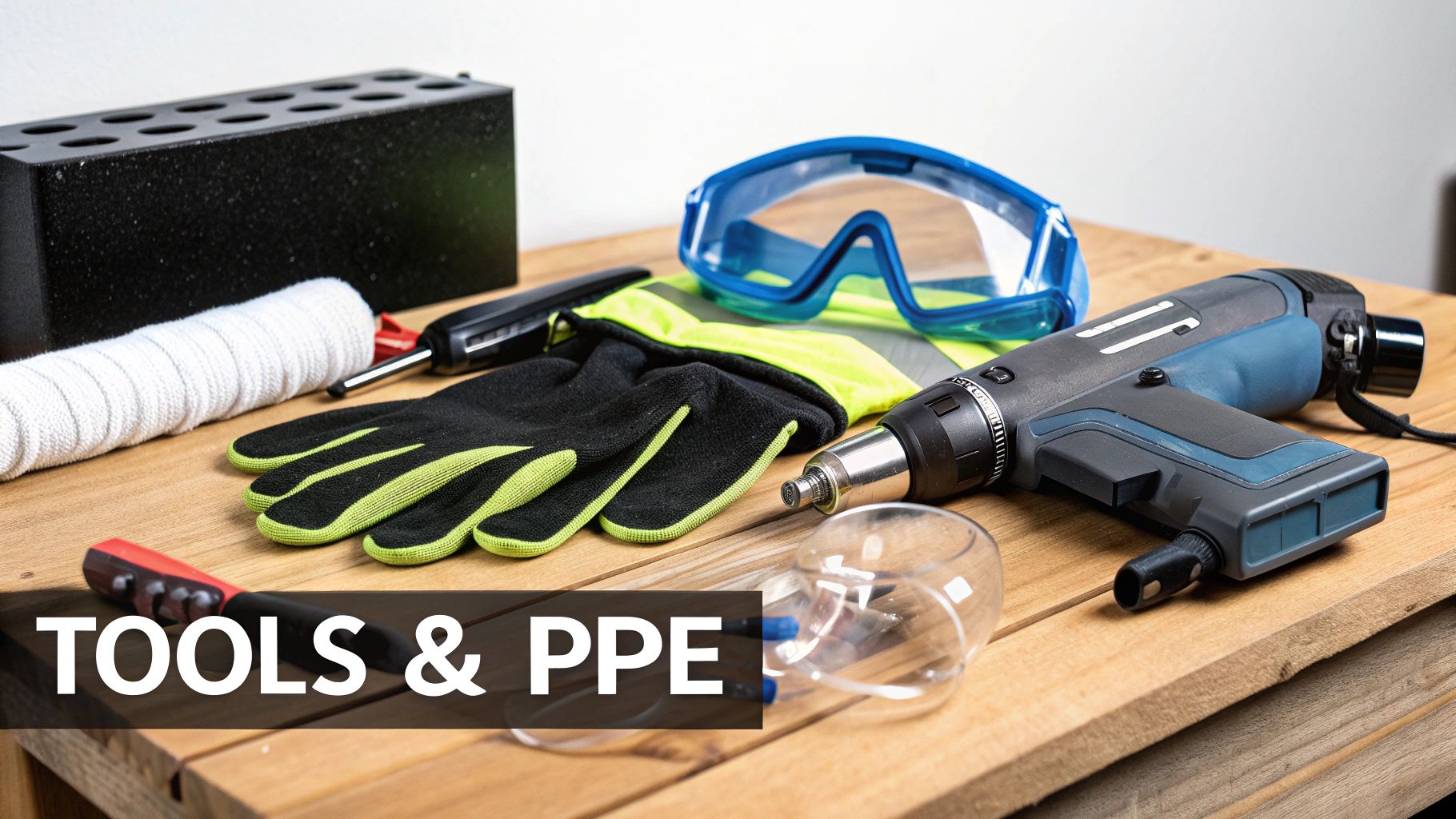 A collection of work tools and personal protective equipment, including gloves, safety goggles, and power tools, on a wooden surface.