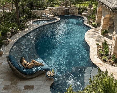 couple enjoying their beautiful pool in Plano that gets weekly service from Poolside, TX