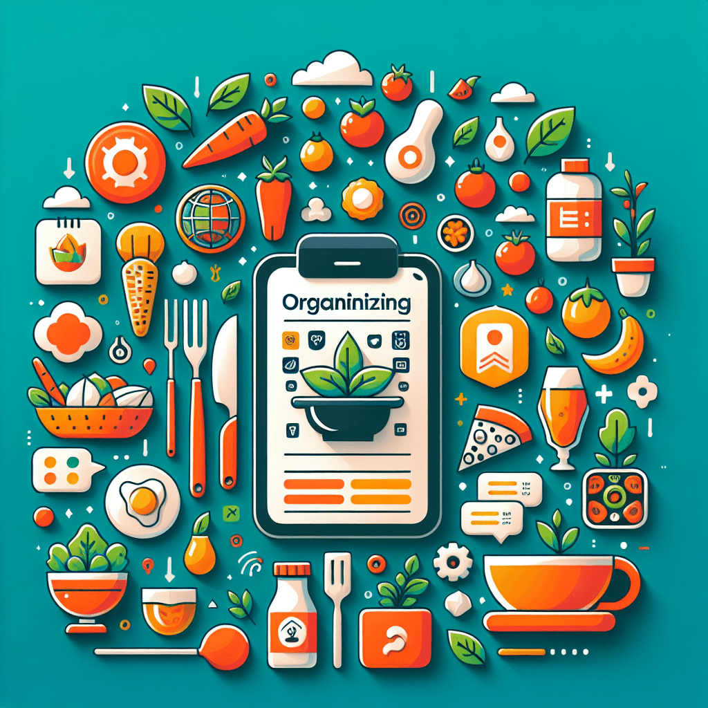 Fröhliche App-Oberfläche mit dem Titel „Organizing“ im Zentrum, umgeben von frischen Zutaten und Lebensmitteln wie Mais, Tomaten, Pizza und Smoothies. Das Bild stellt eine organisierte, gesunde und spielerische Herangehensweise an Ernährung dar.