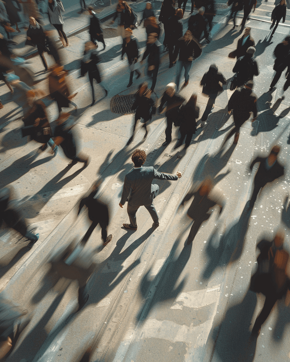 Aerial view of a large crowd of people walking, casting long shadows on a surface below.