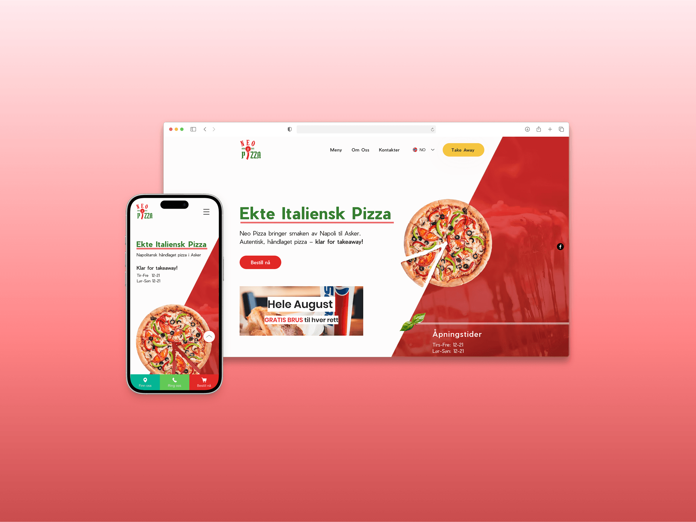 A screenshot of the pizzeria's homepage and its mobile version on a red background