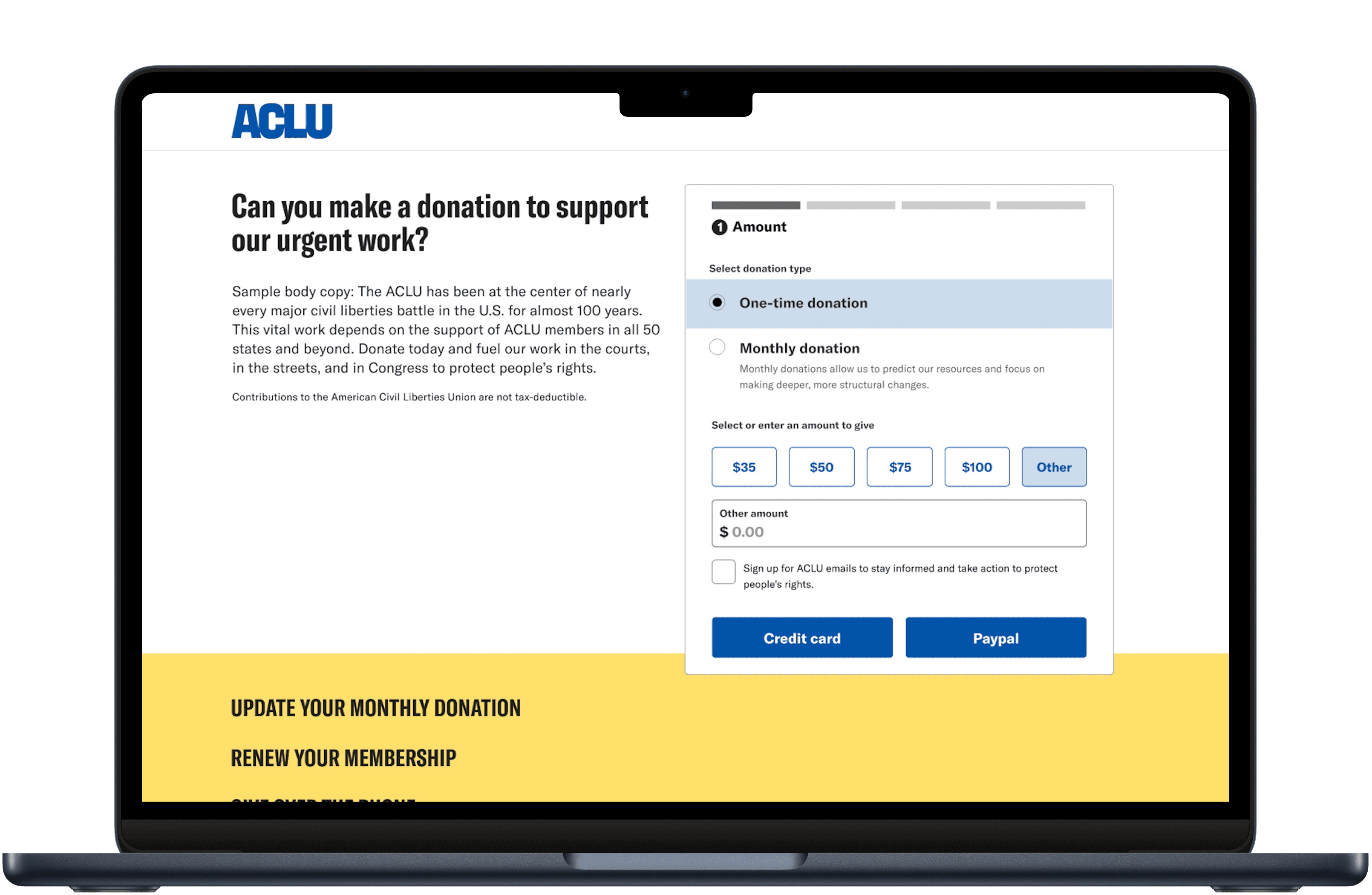 desktop image of sample ACLU AB test of donation form