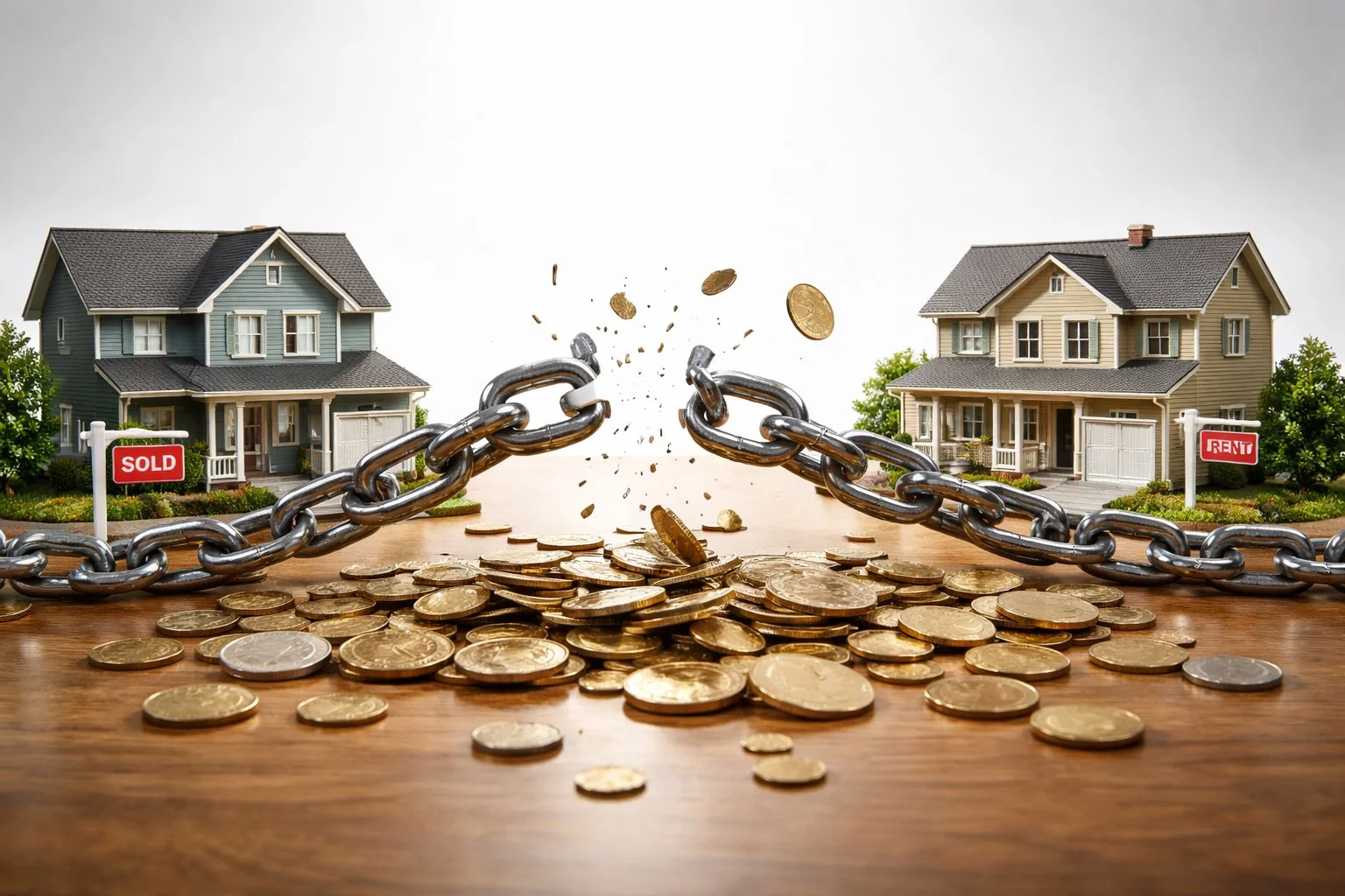 Broken chain connecting a sold property and a replacement property, with scattered coins around, symbolizing partial tax deferral or mistakes in property exchange.