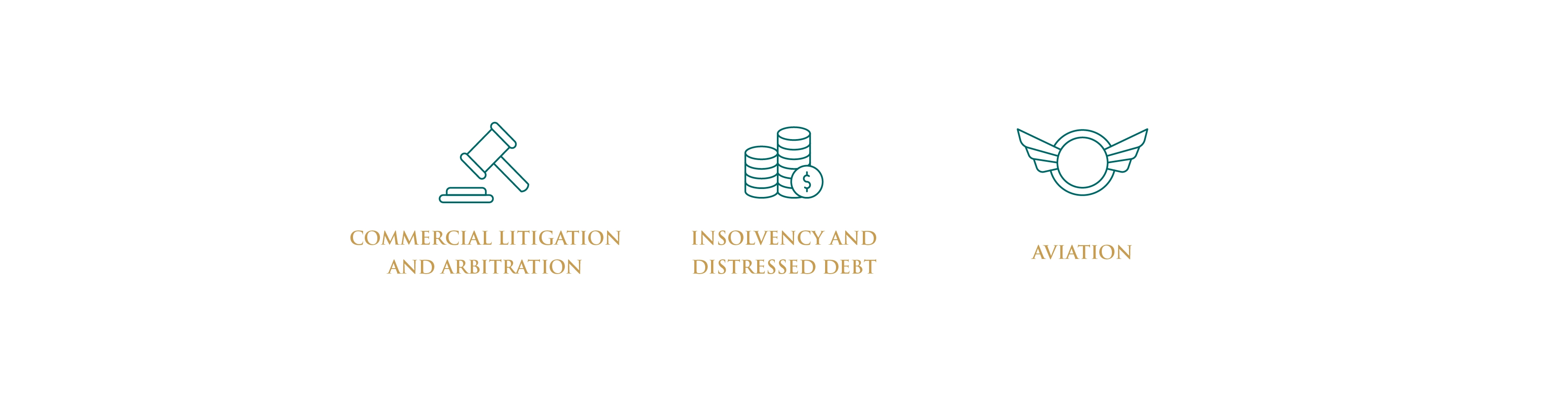 Alius Law practice areas icons – gavel for commercial litigation and arbitration, stacked coins for insolvency and distressed debt, winged circle for aviation expertise, in teal line art by Teatime Studio.