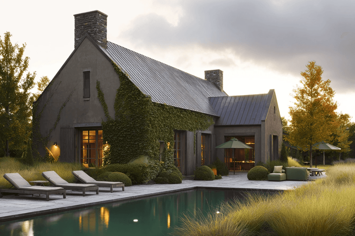 Gray modern farmhouse with ivy, a pool, and lounge chairs in a grassy area.