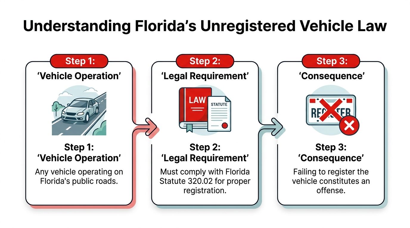 A flow chart outlining the three steps of Florida's unregistered vehicle law, including operation, legal requirements, and consequences.