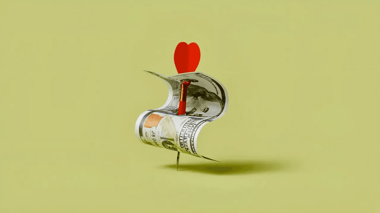 Red dart piercing a curled US dollar bill against a plain background, symbolizing targeted spending