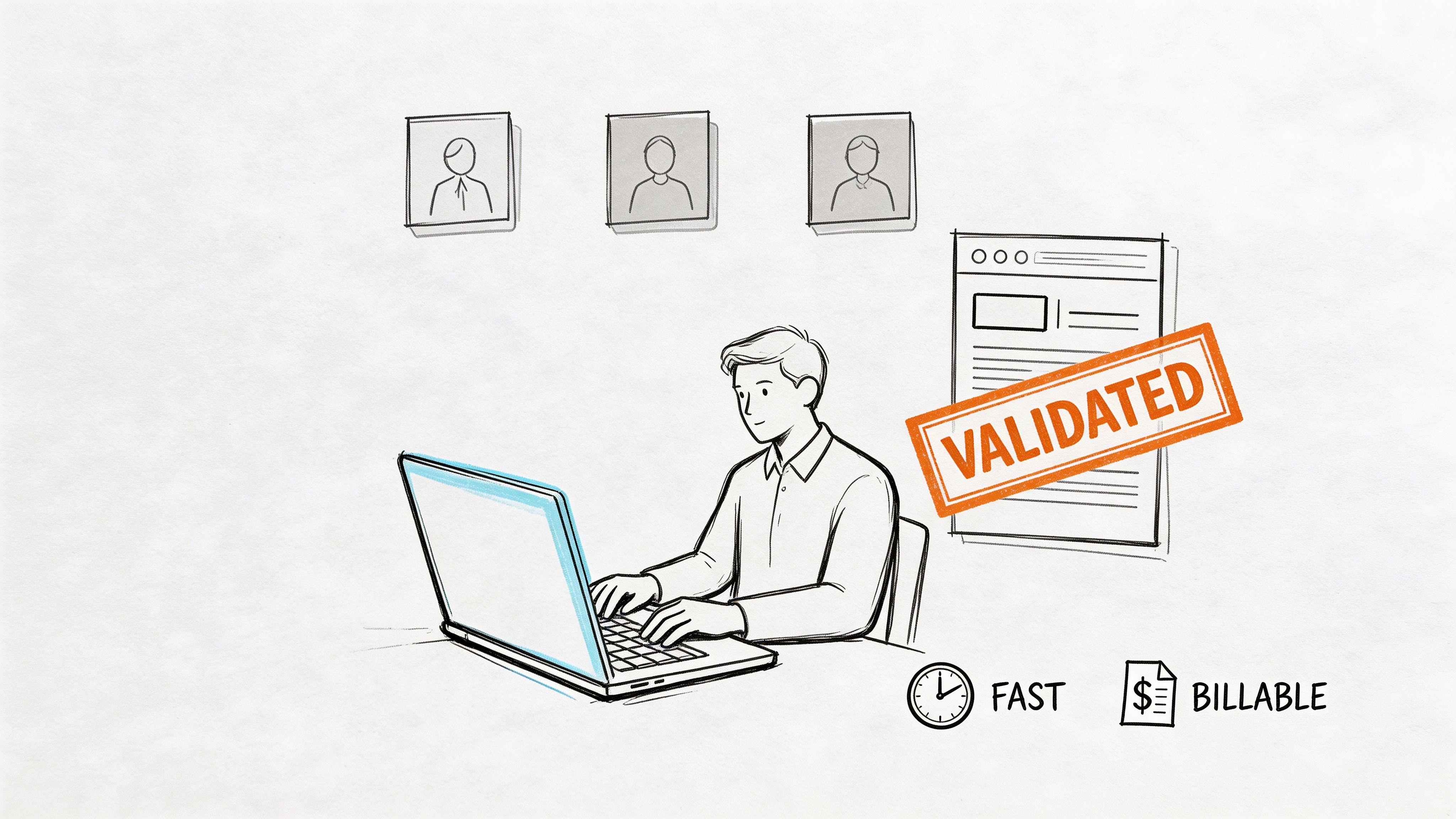 A professional working on a laptop with validated documents, emphasizing fast and billable project management efficiency.