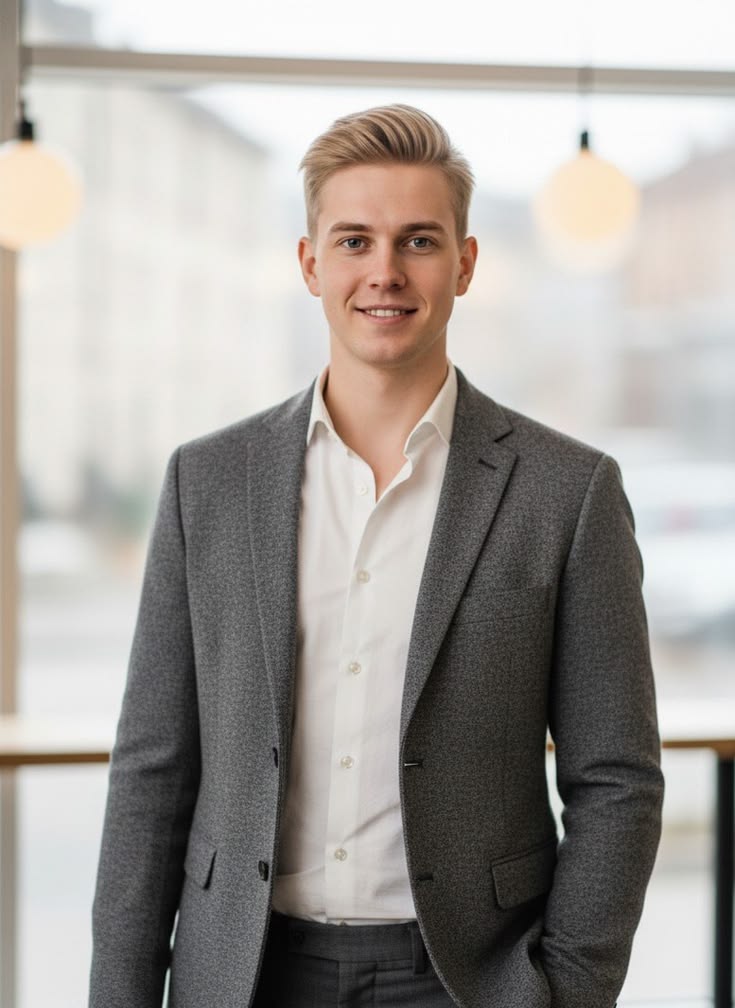 Young man in a light grey suit and white shirt smiles confidently in a modern, softly lit indoor setting with a blurred window background.