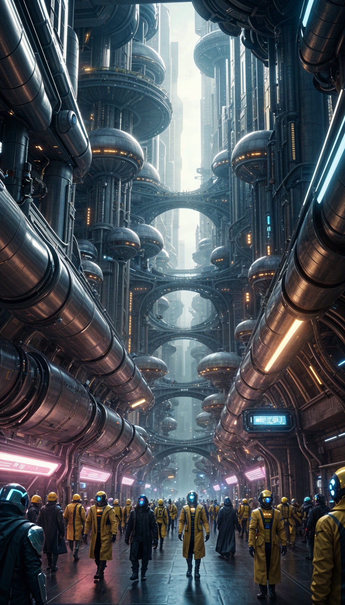 Futuristic cityscape with towering metallic buildings and large pipes, illuminated by neon lights. crowds of robots and cyborgs in yellow robes walk  commute along a street in a dense urban setting.