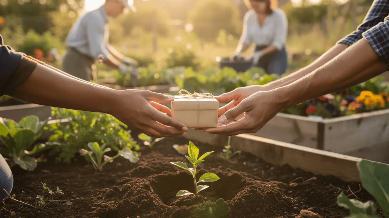 Two hands are gently passing a small, symbolic gift while planting a young tree together in a vibrant community garden, symbolizing charitable giving and the importance of supporting future generations through philanthropic activities. The scene reflects the spirit of collaboration and community engagement in nurturing charitable causes.