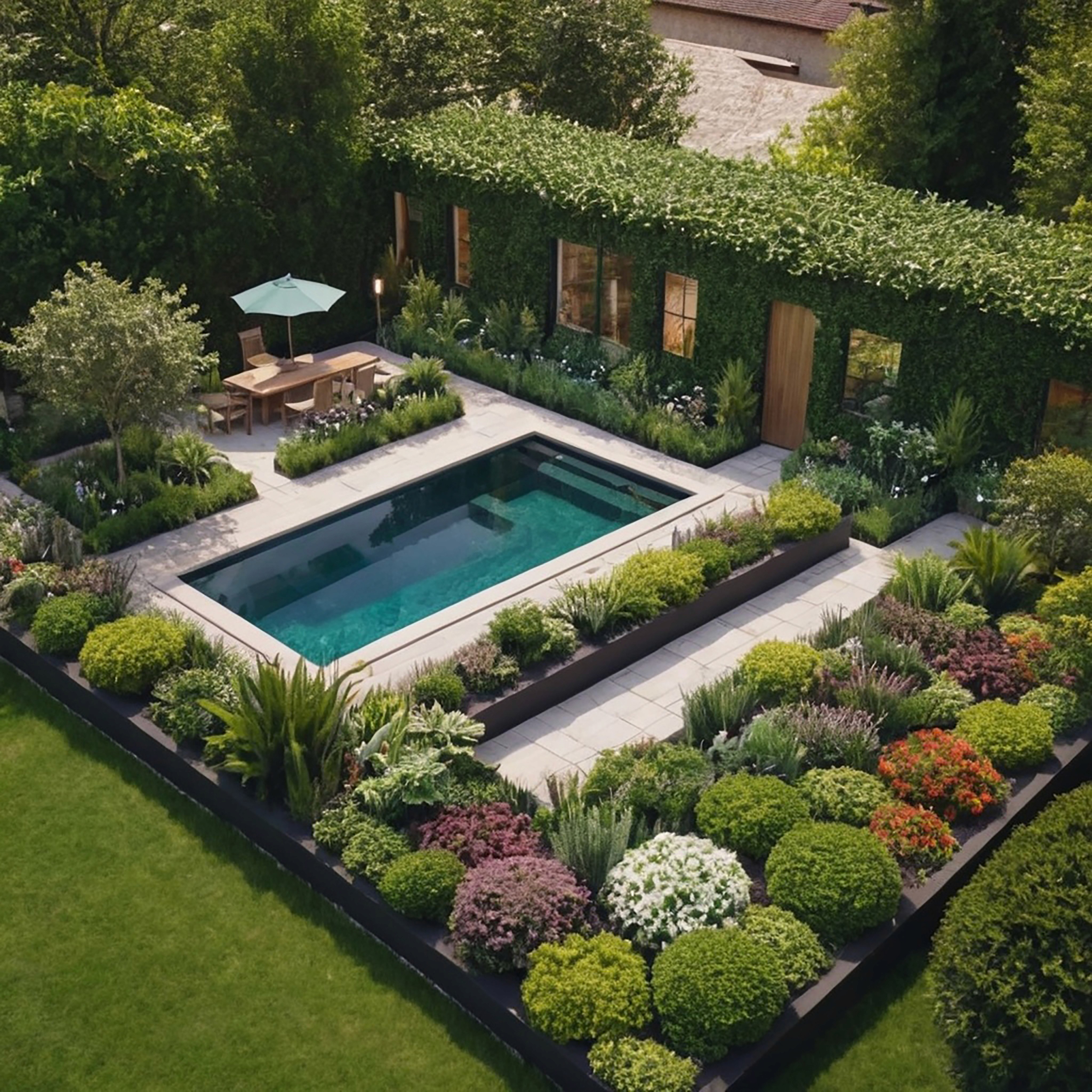 Luxury rectangular swimming pool surrounded by manicured garden landscaping and a private patio dining area.