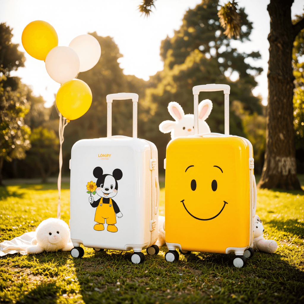 product photography of a set of children's suitcases with playful designs