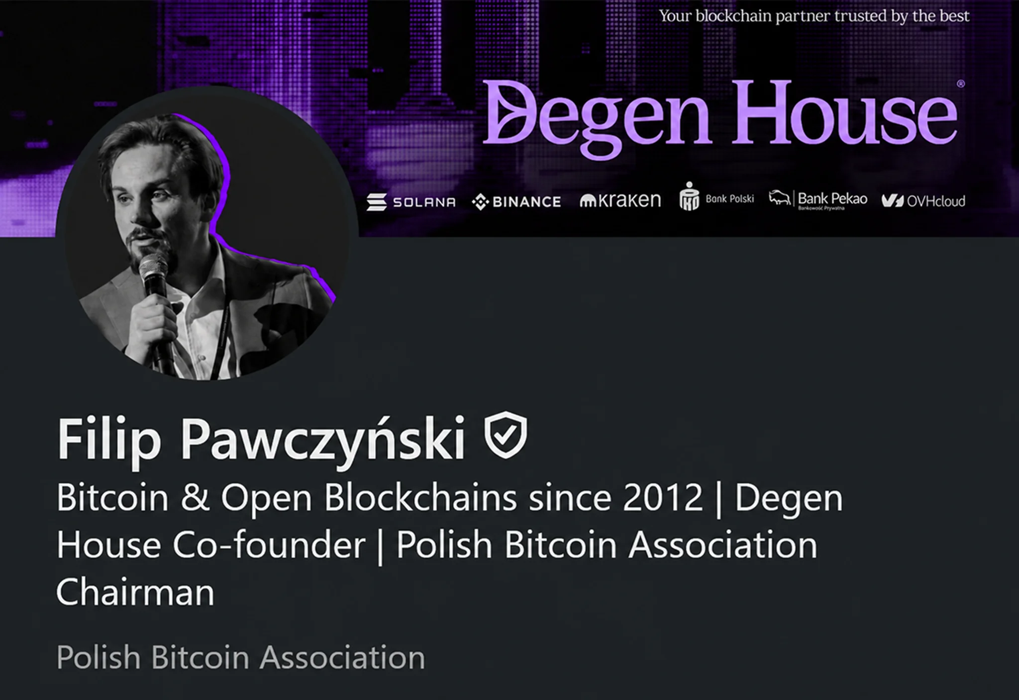 Verified Bitcoin professional testimonial card featuring Filip Pawczyński from Degen House