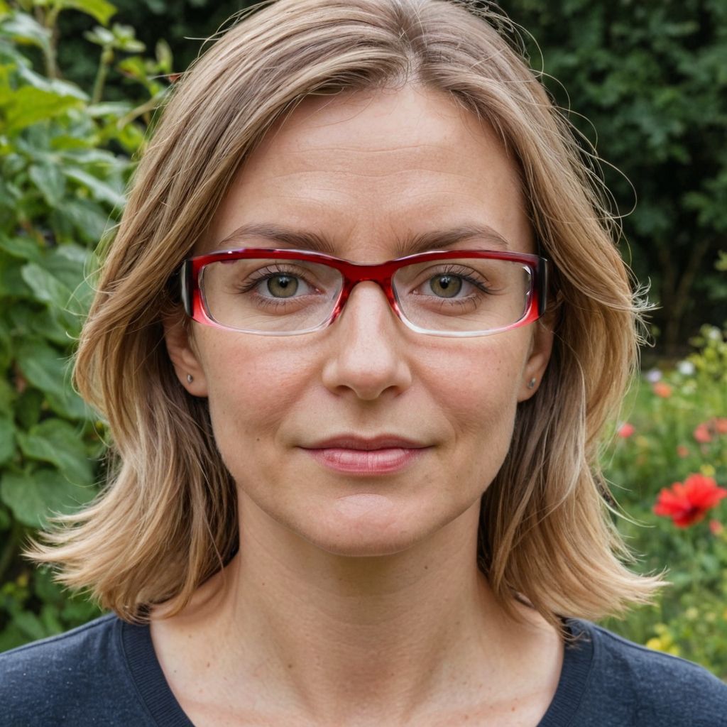 Blonde woman in her 40s wearing glasses