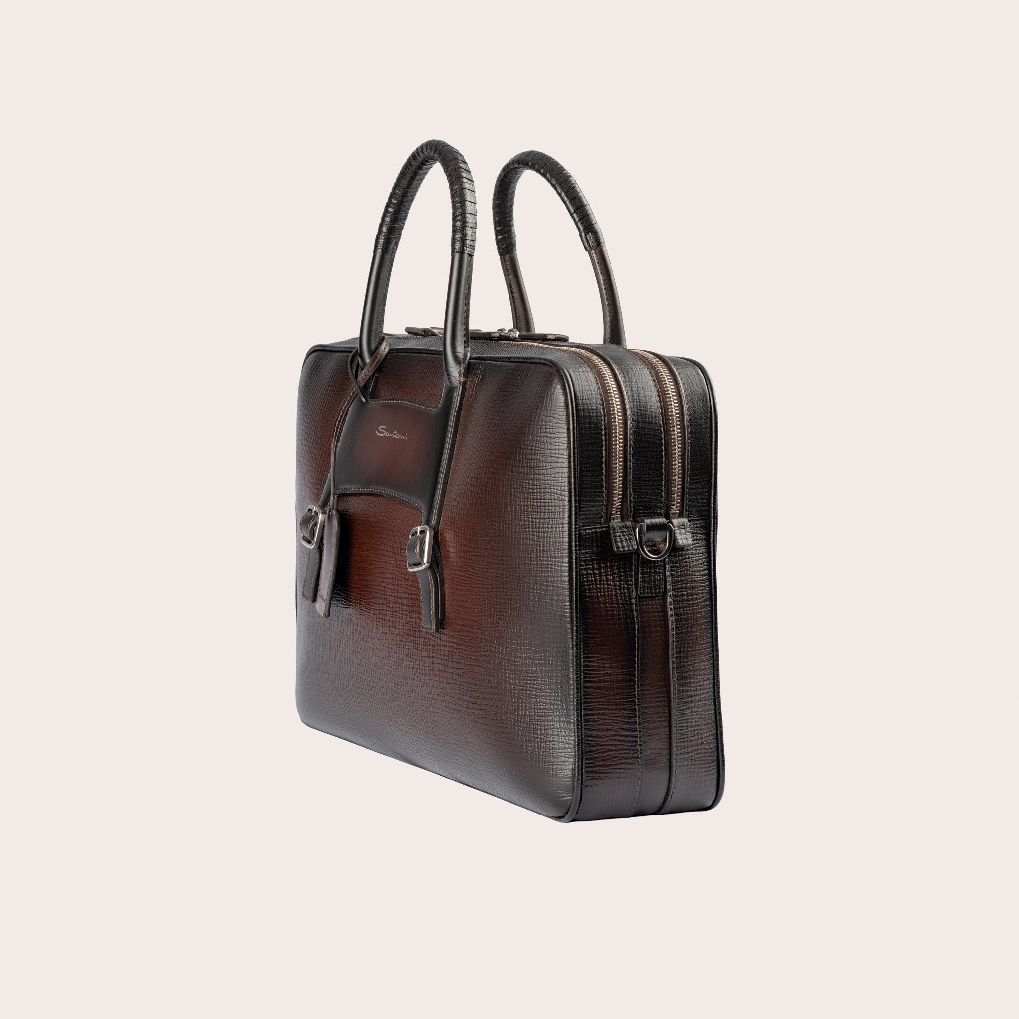 Brown embossed leather briefcase - Mandelli UK
