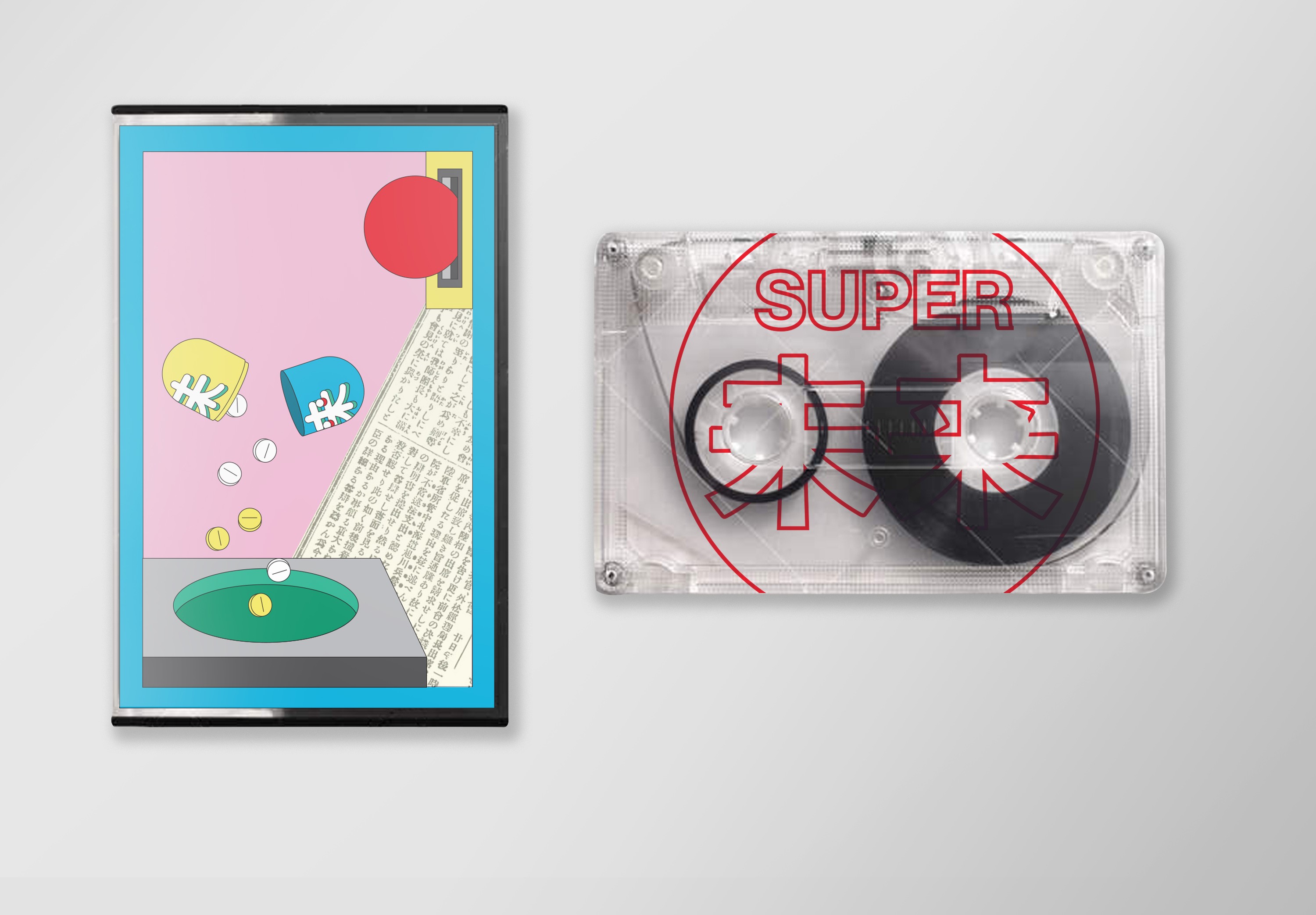 Transparent cassette tape printed with the word SUPER as part of the Super Future album packaging.