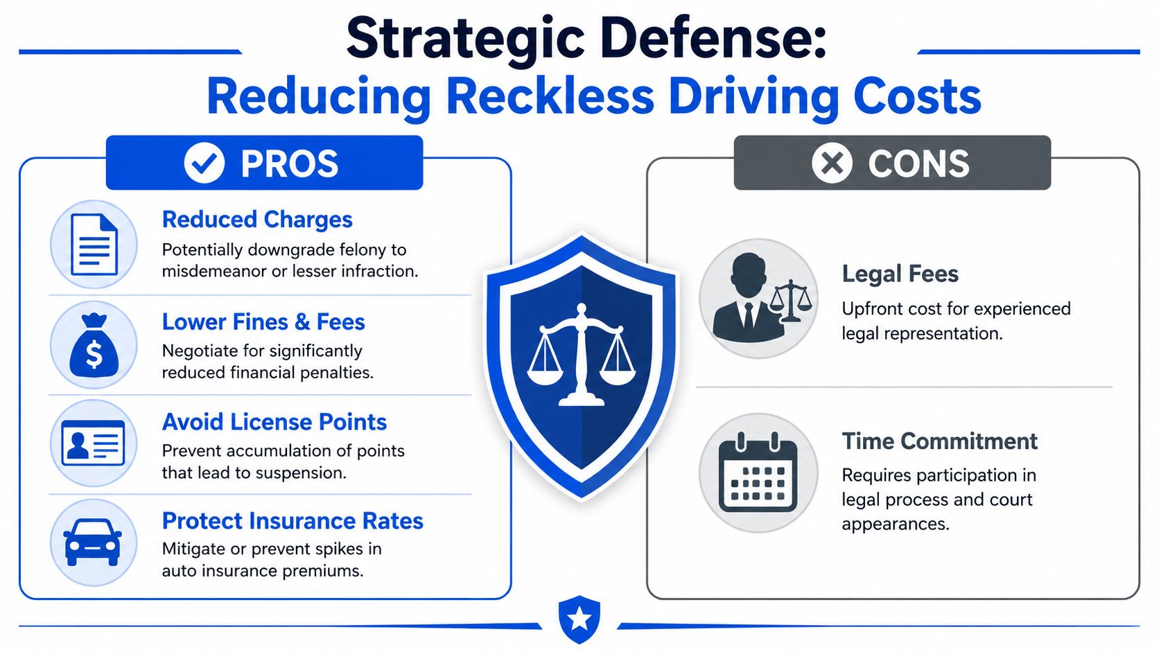 A strategic infographic outlining the pros and cons of hiring legal representation for reckless driving charges.