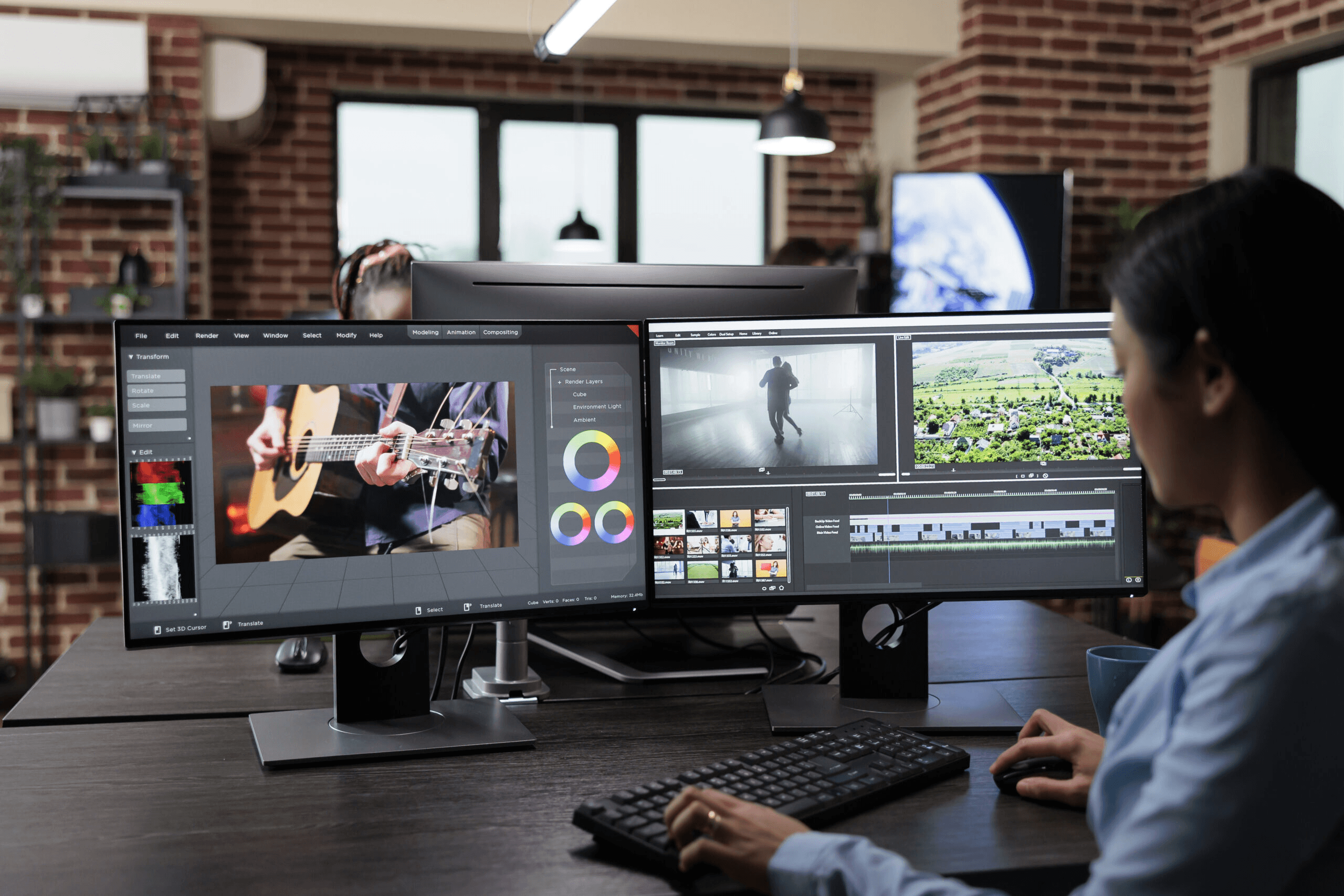 Woman edits videos on dual monitors - Ai Filmmaking Tools