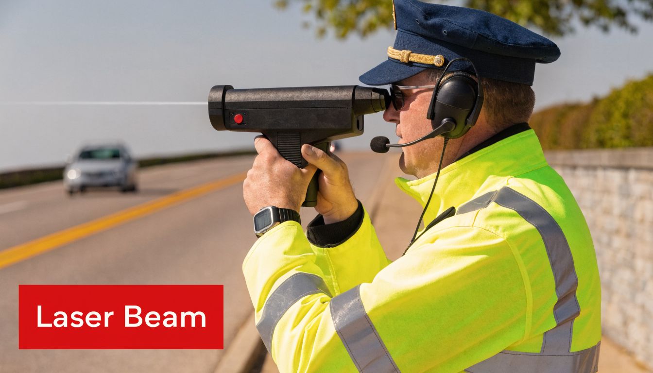 A police officer uses a handheld laser radar speed gun to monitor traffic on a sunny highway.
