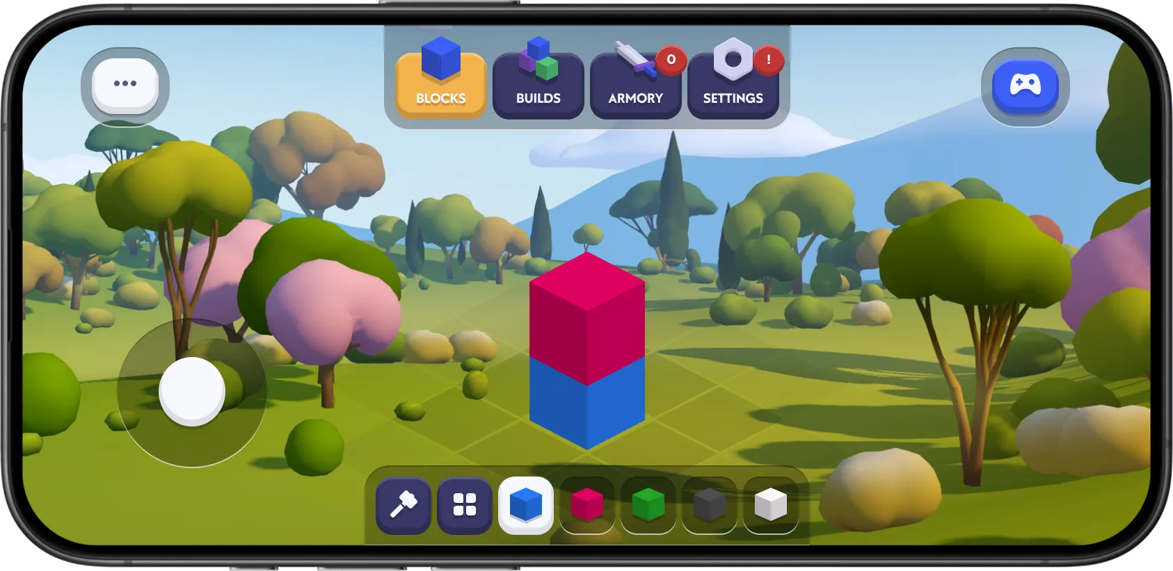 Chudo world editor showing block building tools, with colored cubes placed inside a stylized forest game environment.