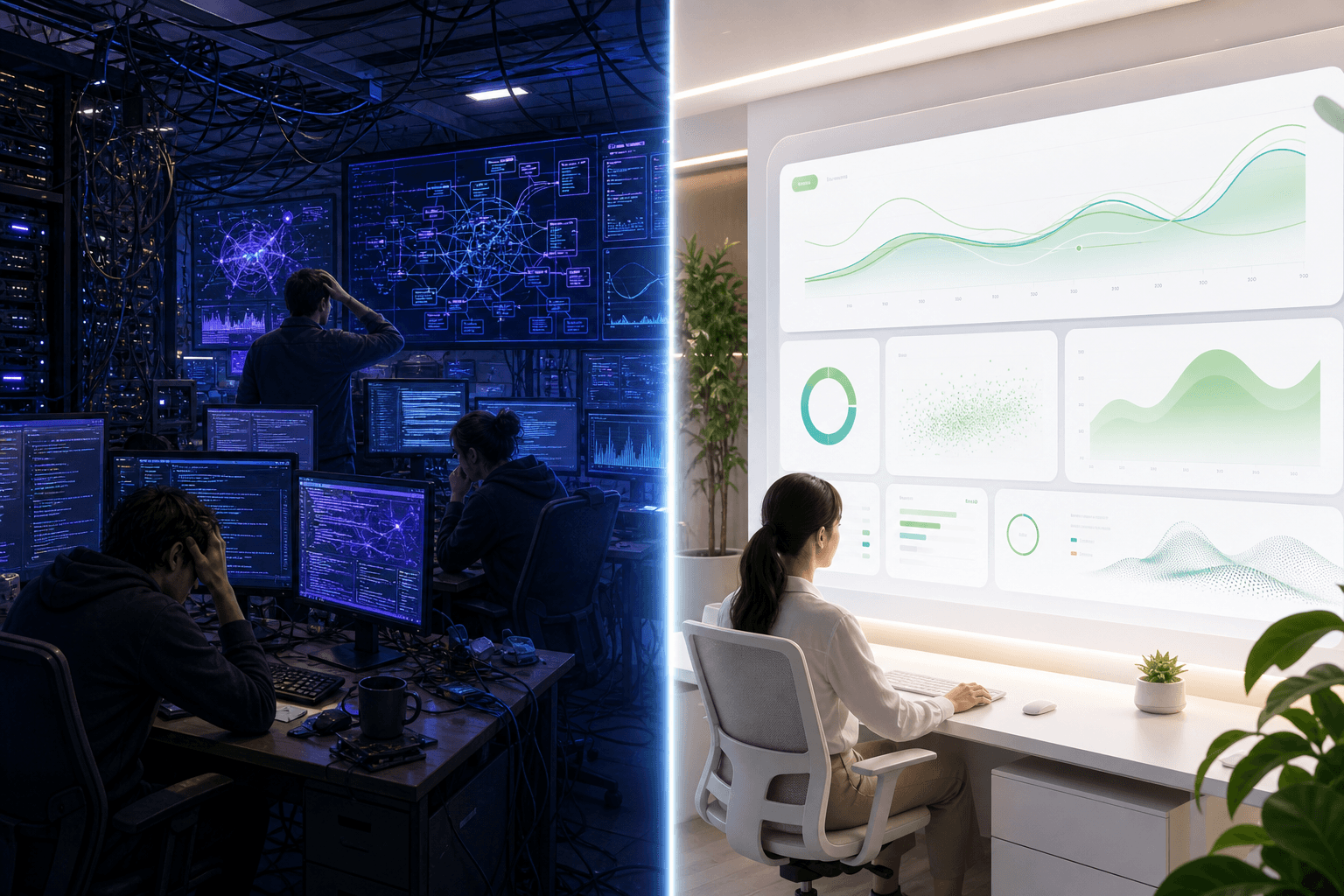 A split-scene illustration showing a corporate engineering team surrounded by servers, code screens, and complex infrastructure diagrams on one side, contrasted with a clean modern dashboard interface on the other side. The left side has tangled wires, multiple monitors with complex graphs, and stressed developers at desks in a dimly lit office. The right side shows a minimalist control panel with smooth flowing data visualizations in a bright modern workspace. Cool blue and purple tones on the left, warm clean whites and greens on the right. No text, no letters, no words anywhere in the image.