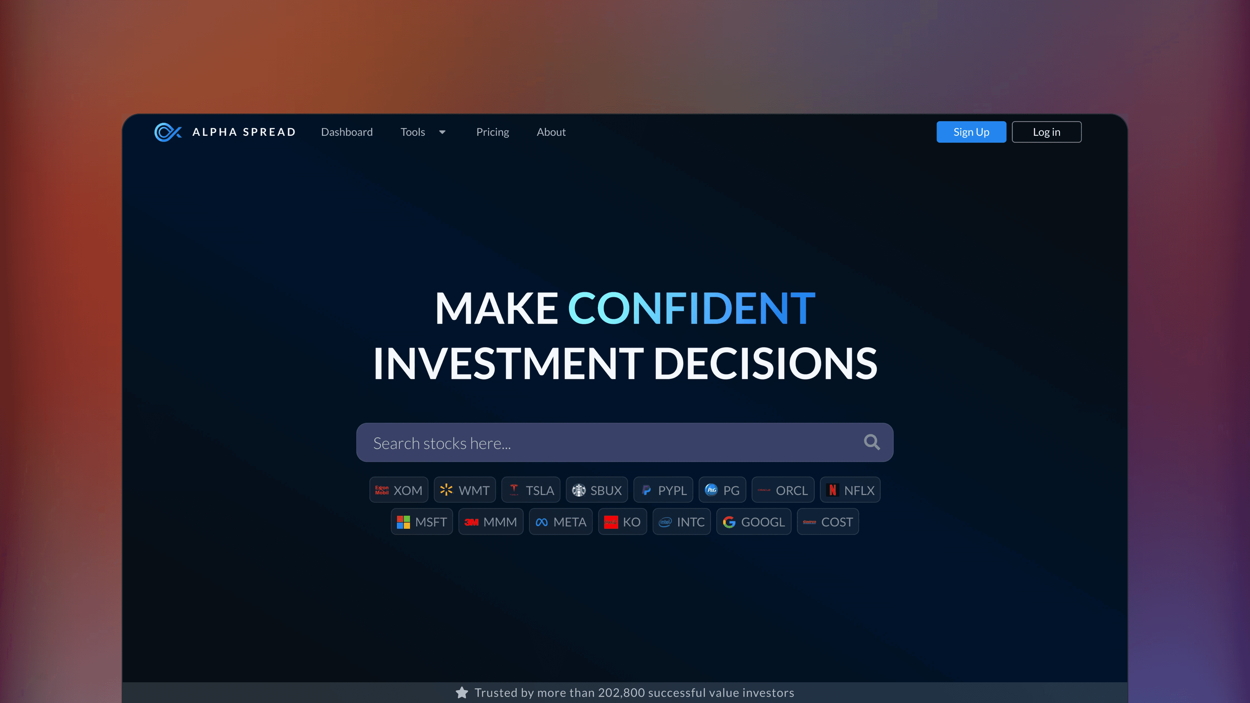 Website preview of Alpha Spread, trade analytics screener platform displaying estimates of intrinsic value and financial models for stocks.