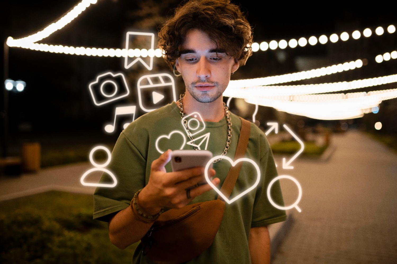 A man holding a cell phone displaying various social media icons, illustrating digital connectivity and communication.