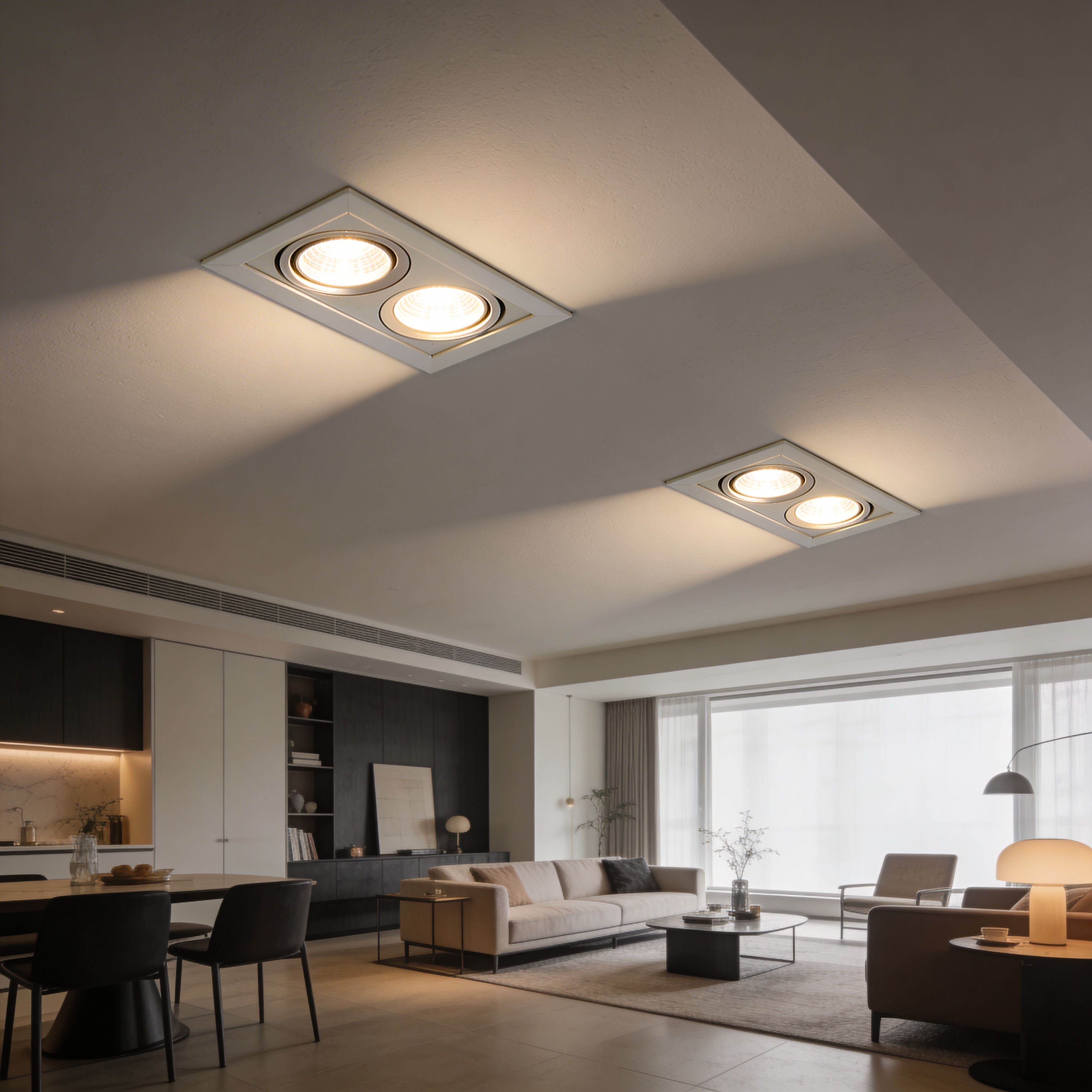 Modern living room interior with recessed ceiling lights and minimalist lighting design creating a warm ambient atmosphere.