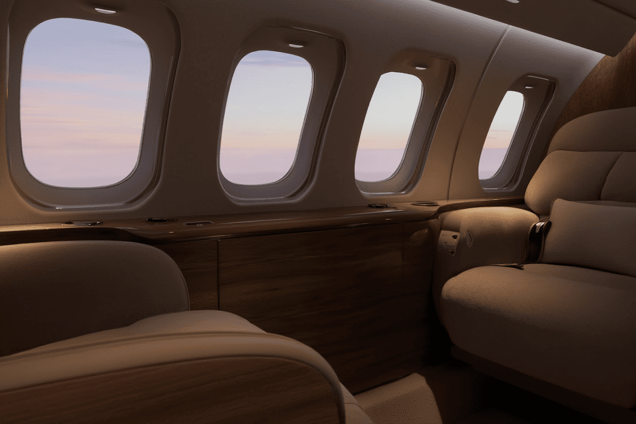 Private jet interior with oval windows and warm leather seating